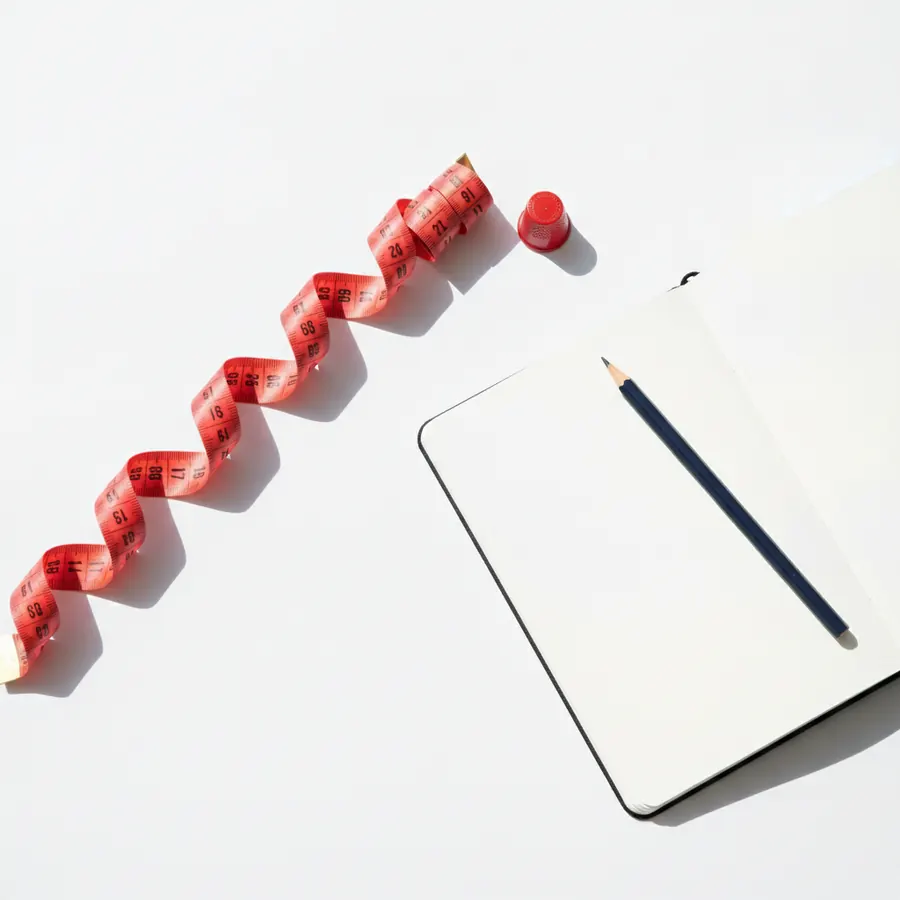 Un metre ruban rose-rouge deplie en zigzag, un de a coudre rouge, un carnet blanc a couverture noire et un crayon gris poses sur un fond blanc