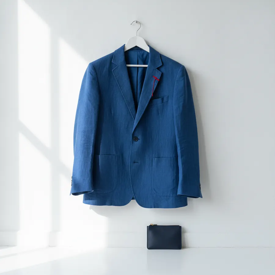 Un blazer bleu accroché sur un cintre métallique contre un mur blanc, avec un petit nœud rouge dans la poche poitrine et un portefeuille en cuir bleu marine posé en dessous sur une surface blanche