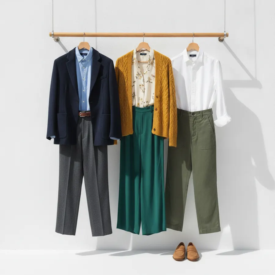 Trois tenues suspendues côte à côte sur un portant de bois clair devant un mur blanc, une veste marine avec chemise, un cardigan épais avec pantalon fluide, et une chemise avec un pantalon de toile robuste