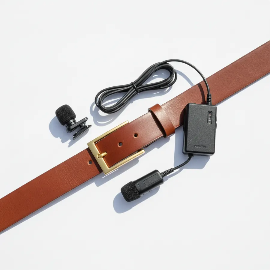 Un micro-cravate avec son boitier et son fil enroule, pose a plat a cote d'une ceinture en cuir cognac, sur fond blanc
