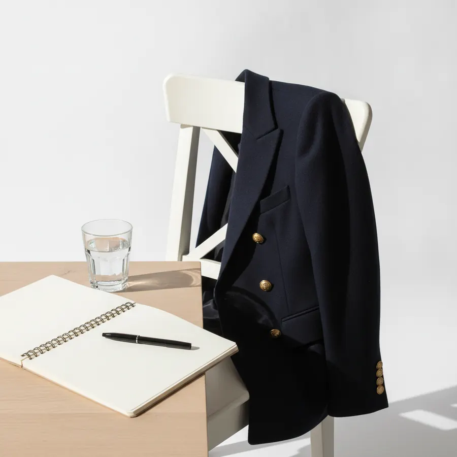 Une veste bleu marine posee sur un dossier de chaise a cote d'un carnet ouvert et d'un verre d'eau, sur fond blanc