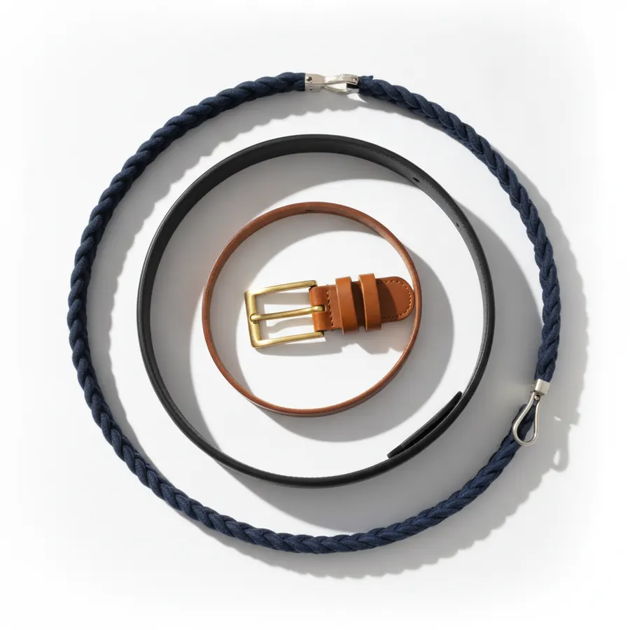 Trois ceintures posees en cercles concentriques sur fond blanc, l'une fine en cuir cognac, l'une large en cuir noir et l'une souple tressee bleu marine