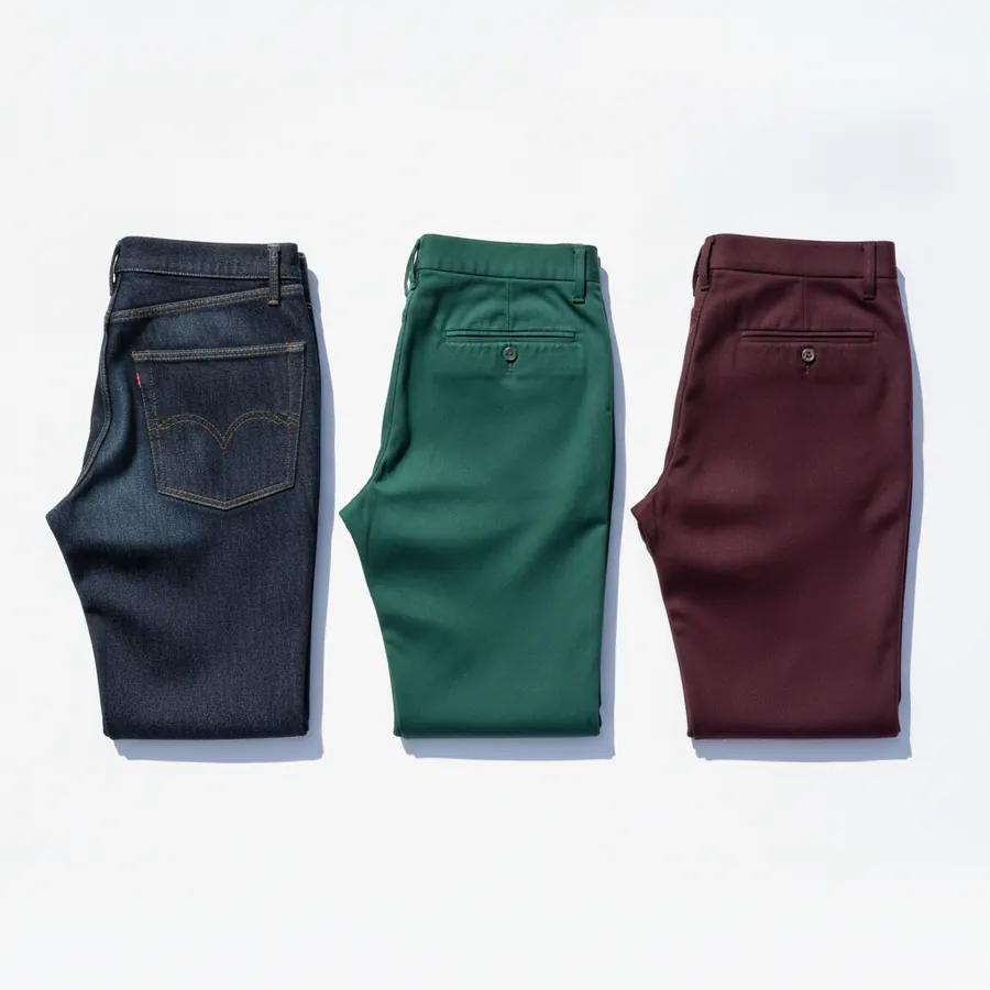 Trois pantalons plies montrant trois hauteurs de taille differentes, en denim brut, en toile verte et en lainage bordeaux, alignes sur fond blanc
