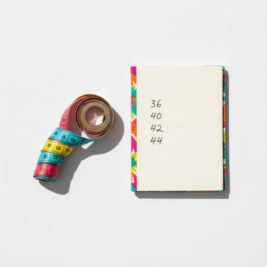 Un metre ruban souple enroule pose a plat a cote d'un carnet ouvert ou sont notes quatre nombres, sur fond blanc