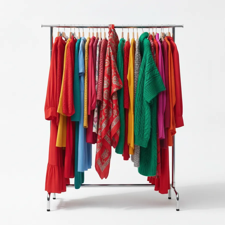 Un portant de vetements charge de pieces de couleurs vives serrees les unes contre les autres, avec une echarpe rouge et un pull vert qui depassent, sur fond blanc