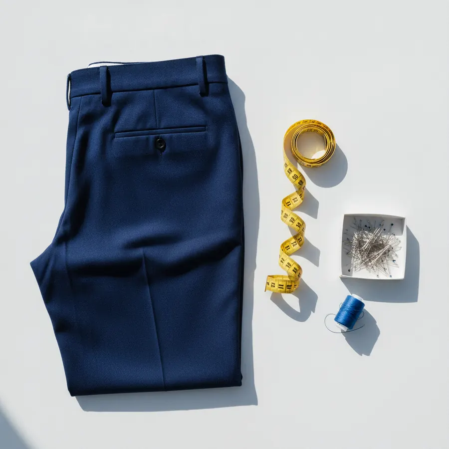 Un pantalon bleu marine plié sur un fond blanc, à côté d'un mètre ruban jaune déroulé en spirale, d'une boîte d'épingles à tête de verre et d'une bobine de fil bleu