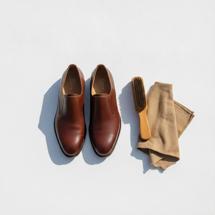 Une paire de chaussures en cuir brun vues de dessus sur un fond blanc, posées à côté d'une brosse à reluire au manche de bois clair et d'un chiffon de coton beige plié