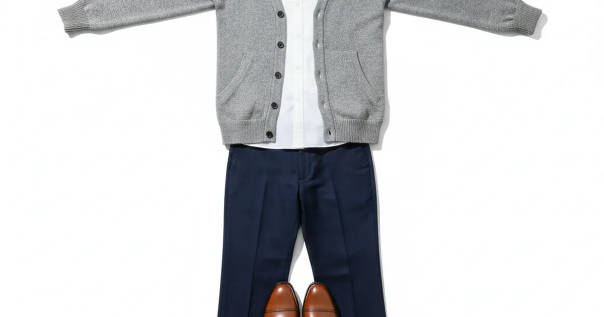 Une tenue disposée à plat sur un fond blanc comme une silhouette vue de face, un cardigan gris ouvert sur une chemise blanche, un pantalon bleu marine à pli au-dessous et une paire de derbies en cuir cognac au bas