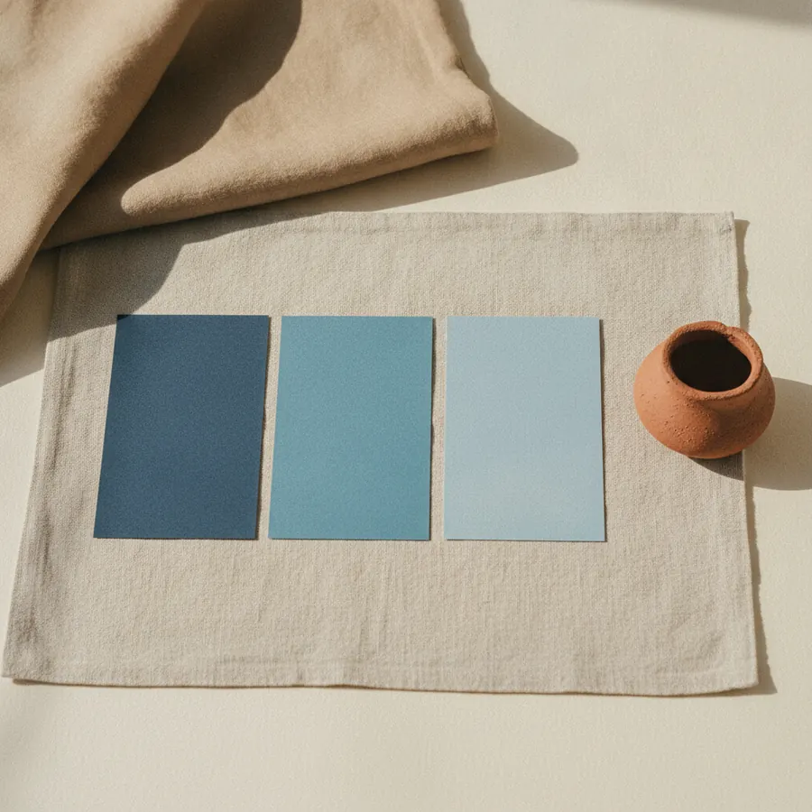 Trois cartons de la meme couleur bleue dans trois intensites differentes, poses cote a cote sur du lin ecru