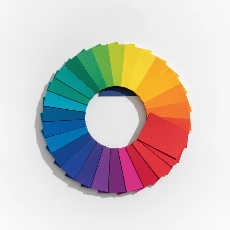 Une roue chromatique circulaire formee de petits rectangles de papier de toutes les couleurs de l arc-en-ciel, allant du bleu au vert, jaune, orange, rouge et violet, posee sur un fond gris clair