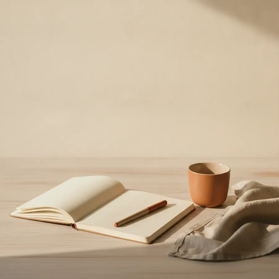 Un carnet ouvert avec un stylo pose dessus, a cote d une tasse et d un tissu plie, sur une table de bois clair