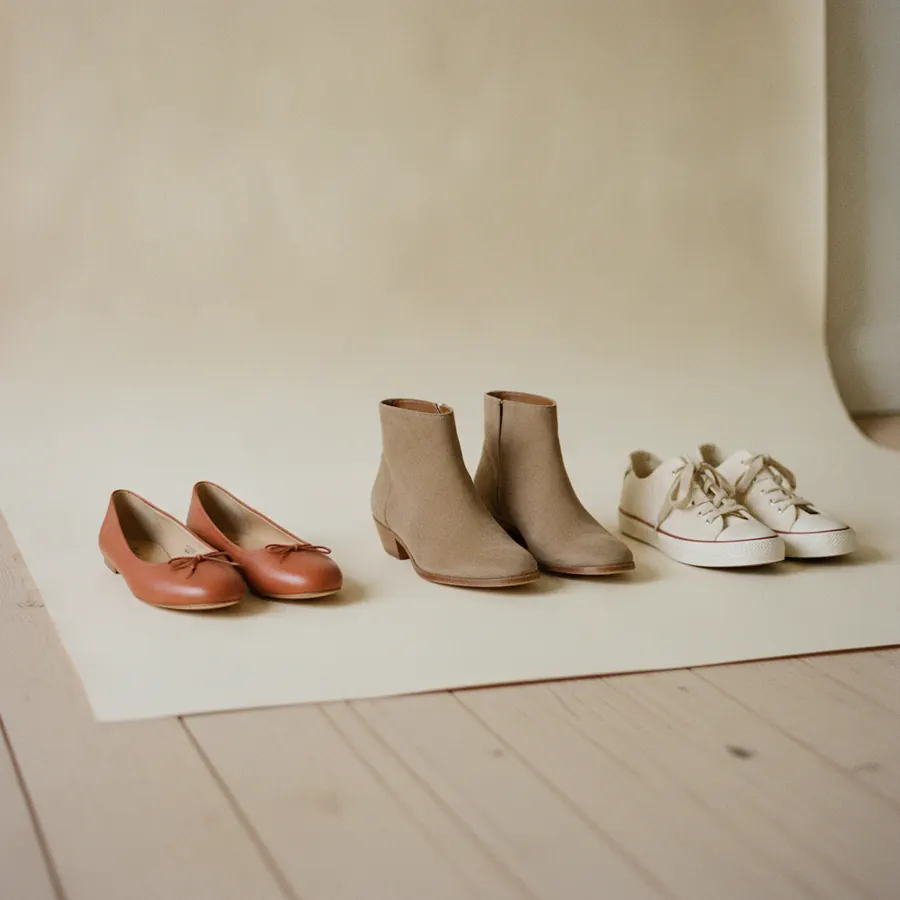 Trois paires de chaussures alignees sur un parquet clair, des plates en cuir, des bottines et des baskets blanches