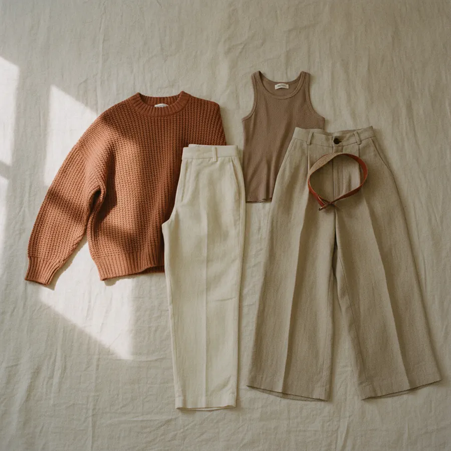 Deux silhouettes de vetements a plat sur un lit, un pull ample avec un pantalon droit et un top ajuste avec un pantalon large