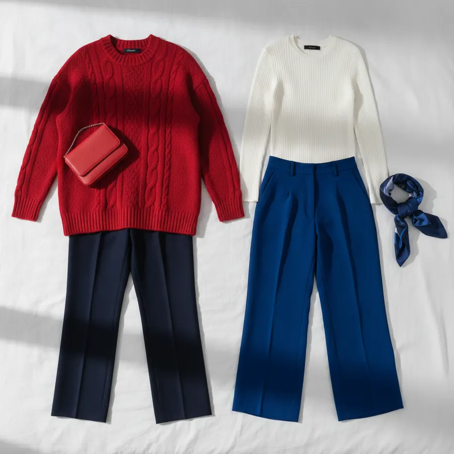 Deux tenues posées à plat sur un fond blanc : à gauche, un pull torsadé rouge avec un pantalon bleu marine et un petit sac à main rouge à chaîne dorée ; à droite, un pull côtelé blanc avec un pantalon bleu roi et un foulard en soie bleu imprimé