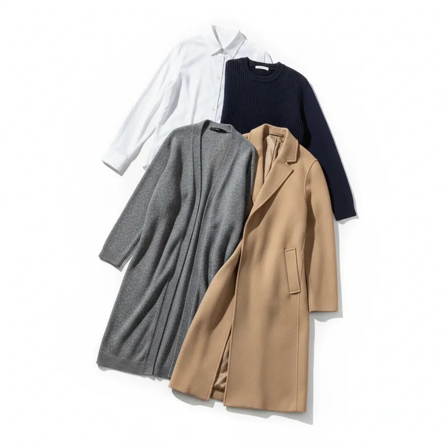 Quatre vêtements posés à plat en éventail sur un fond blanc, une chemise blanche et un pull marine à l'arrière, un long gilet gris et un manteau camel par-dessus, chaque pièce plus longue que la précédente