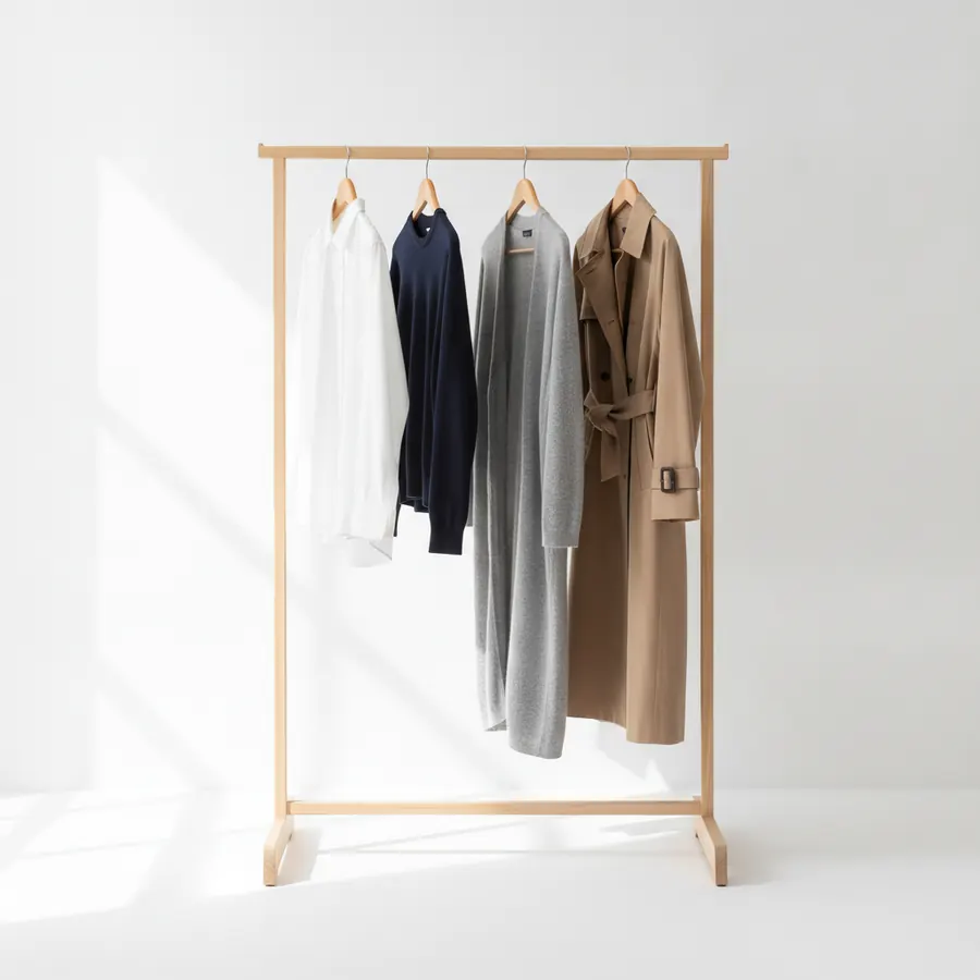 Un portant en bois clair devant un mur blanc traversé de lumière, avec quatre vêtements sur cintres rangés de la longueur la plus courte à la plus longue, une chemise blanche, un pull marine, un long gilet gris et un trench camel à ceinture