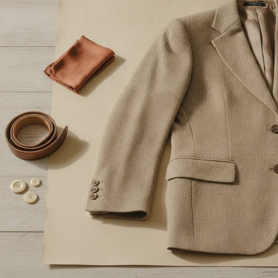 Une veste en laine posee a plat sur une table de bois, ourlet et revers visibles