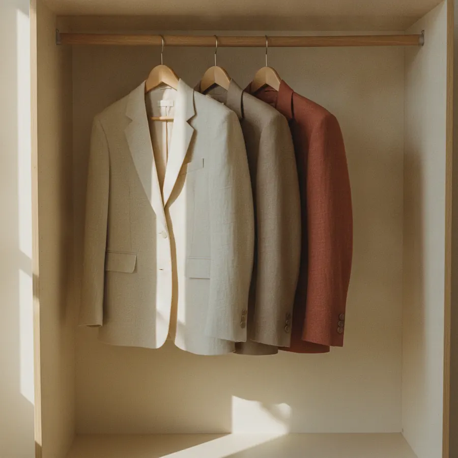 Une tringle avec plusieurs vestes structurees, vue en enfilade dans un dressing clair