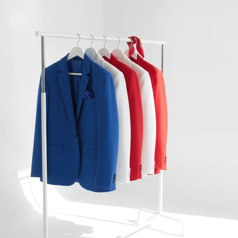 Plusieurs blazers bleu roi, blanc et rouge suspendus sur des cintres blancs accroches a une penderie sur pied blanche et argentee, avec un foulard rouge et blanc noue sur la tringle, sur fond blanc