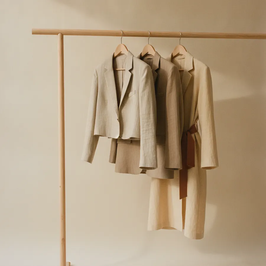 Trois vestes de longueurs differentes suspendues sur une tringle en bois clair