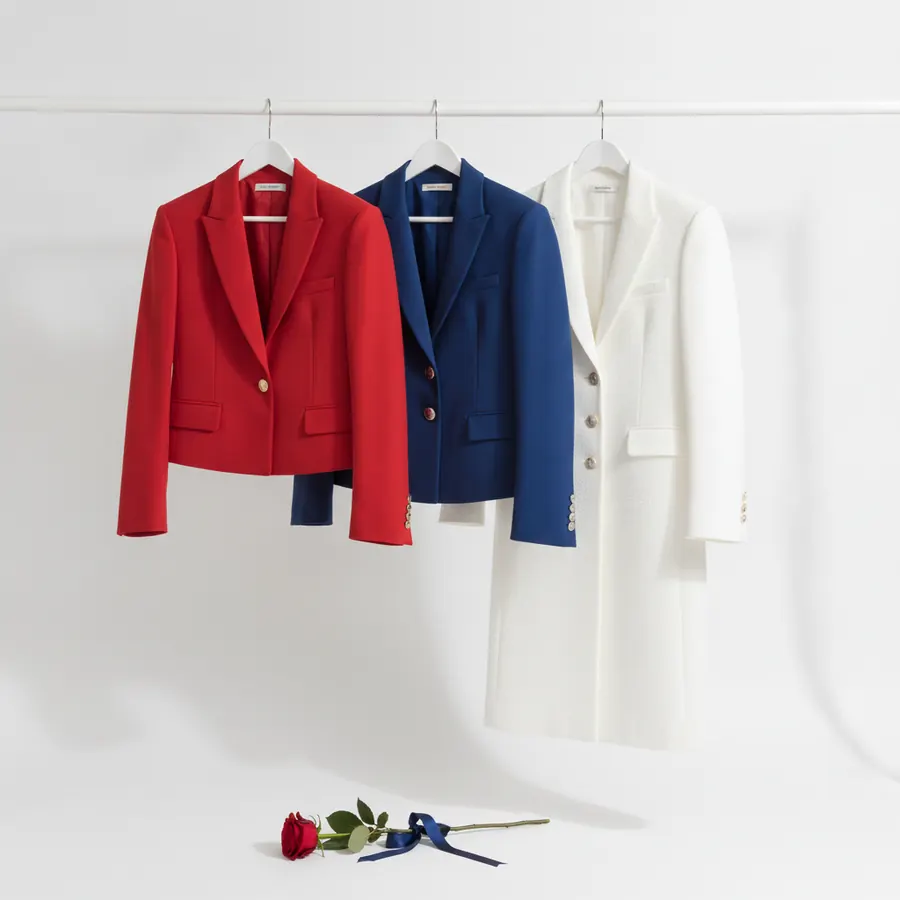 Trois vestes et manteaux rouge, bleu et blanc suspendus sur des cintres blancs accroches a une barre murale, avec une rose rouge posee au sol accompagnee d'un ruban bleu marine, sur fond blanc