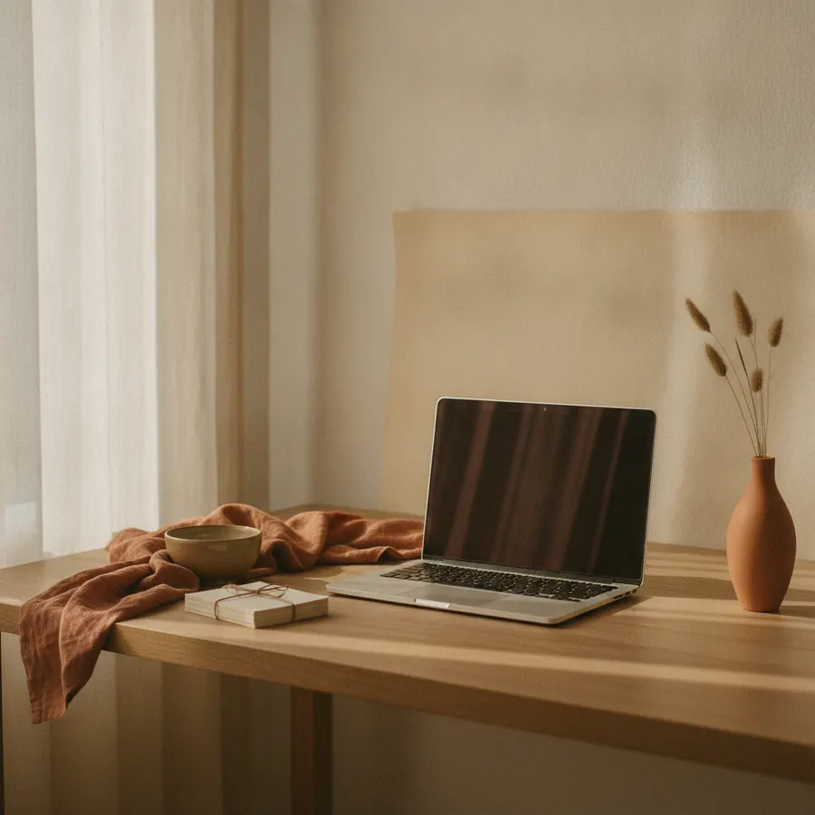 Un ordinateur portable ouvert sur un bureau en bois pres d une fenetre, mur neutre derriere
