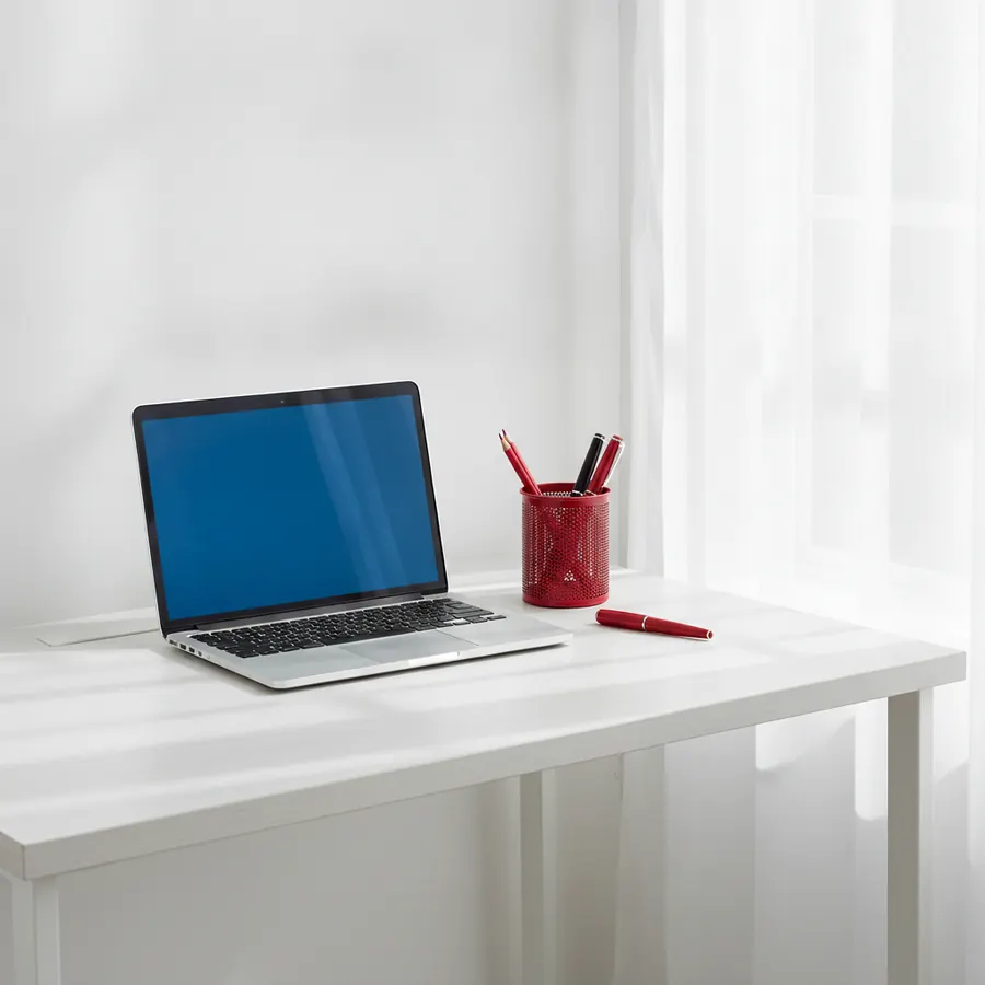 Un bureau blanc avec un ordinateur portable ouvert a ecran bleu, un pot a crayons rouge contenant des crayons rouges et noirs, et un stylo rouge pose sur le bureau, devant un rideau blanc